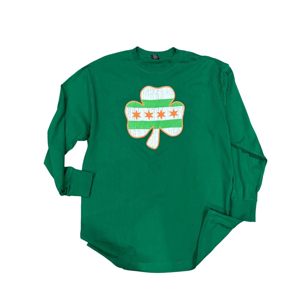 Noiz Mens Chicago Flag Shamrock Long Sleeve Graphic T-Shirt Green 2XL